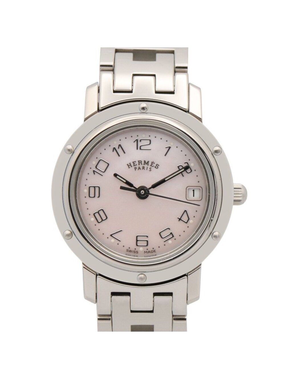 Hermes Watch Clipper Nacre Pink Shell Stainless Steel